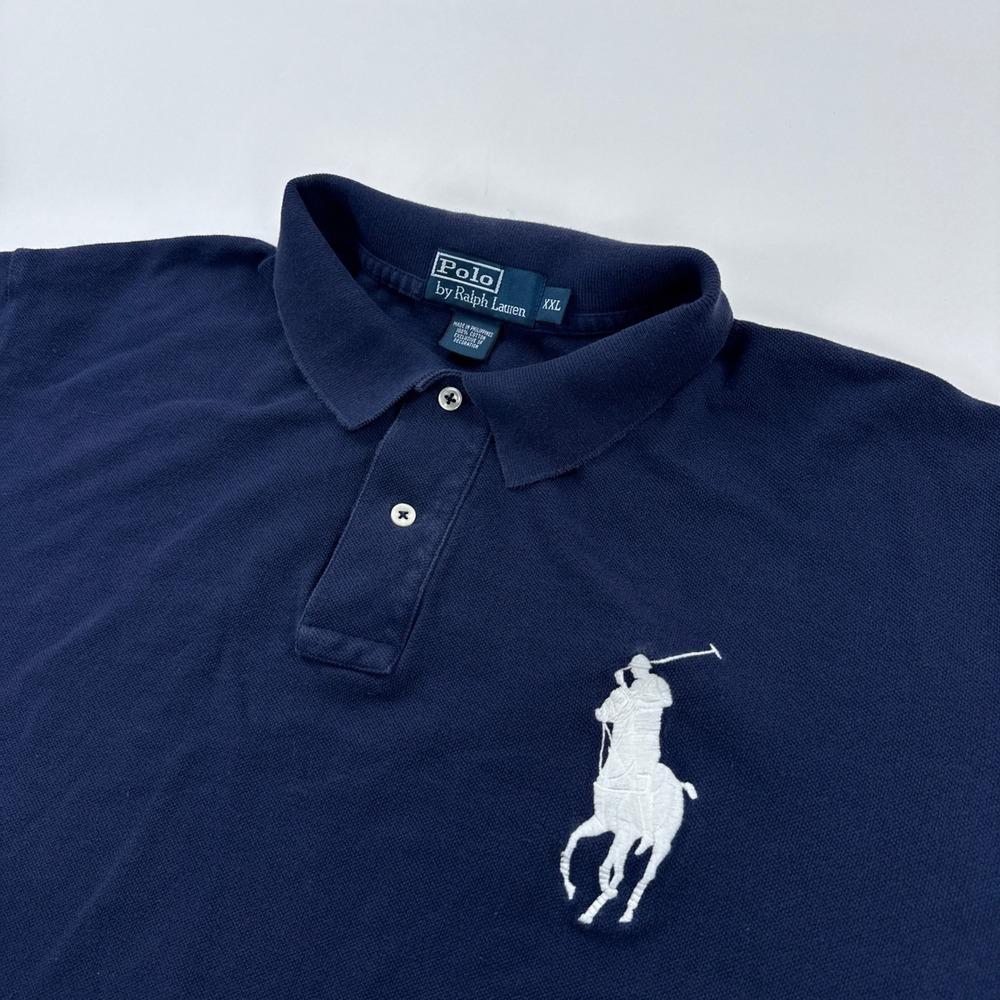 Polo Ralph Lauren Mens XXL Big Pony Polo Shirt Navy Blue White 3 Patch Pique